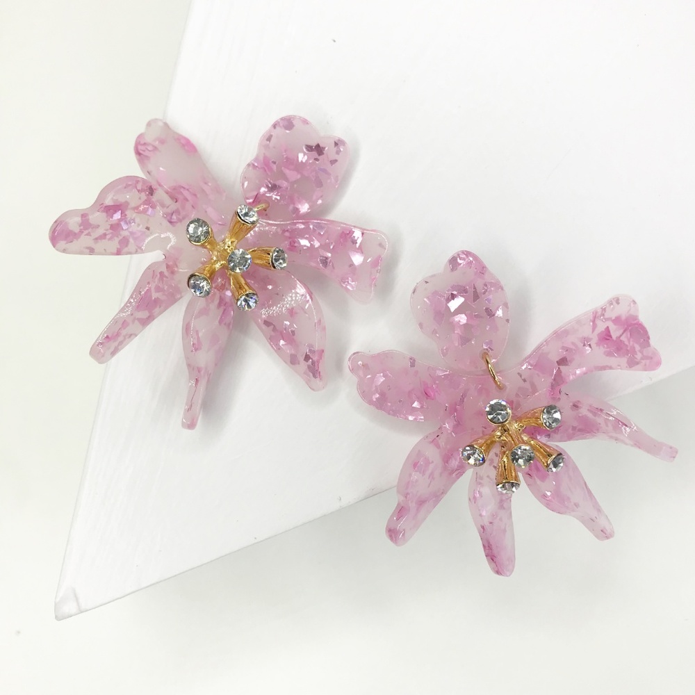 Mini Crystal Lily Drop Earrings in Pink - Picture 4 of 6